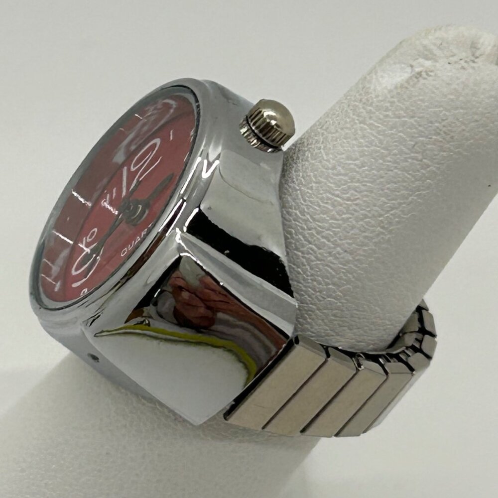 Silver-Tone Stretch Band Ring Quartz Watch With Red Face Adjustable Fit Works - Picture 5 of 10